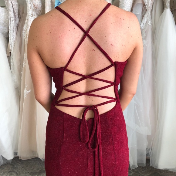 Burgundy, High Neck, High Slit Prom Dress fitted - Picture 3 of 8